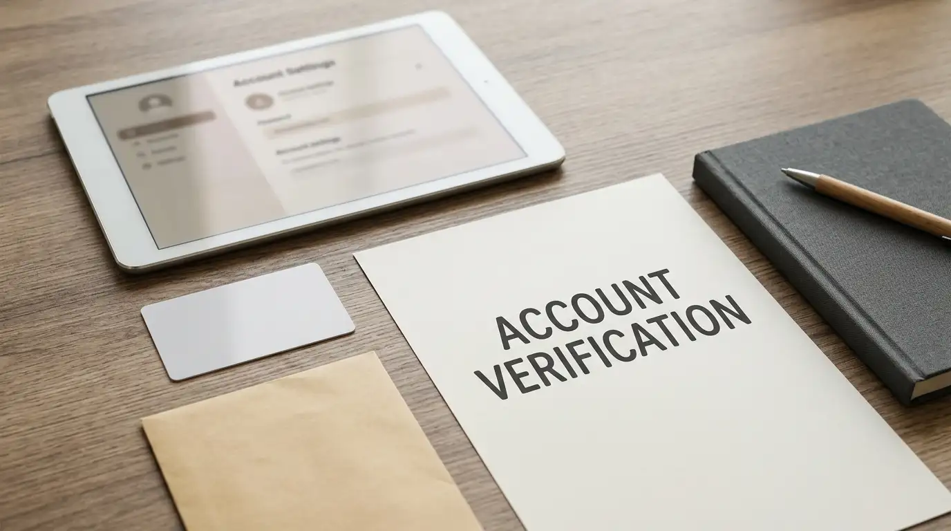A blank identity document silhouette beside a tablet showing abstract account settings