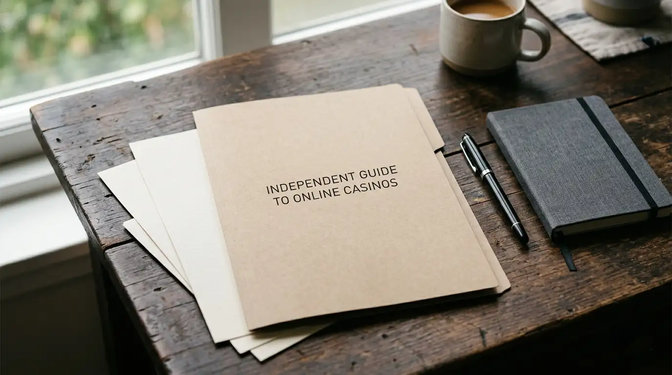 A plain document folder beside a pen and neutral paper sheets on a wooden desk