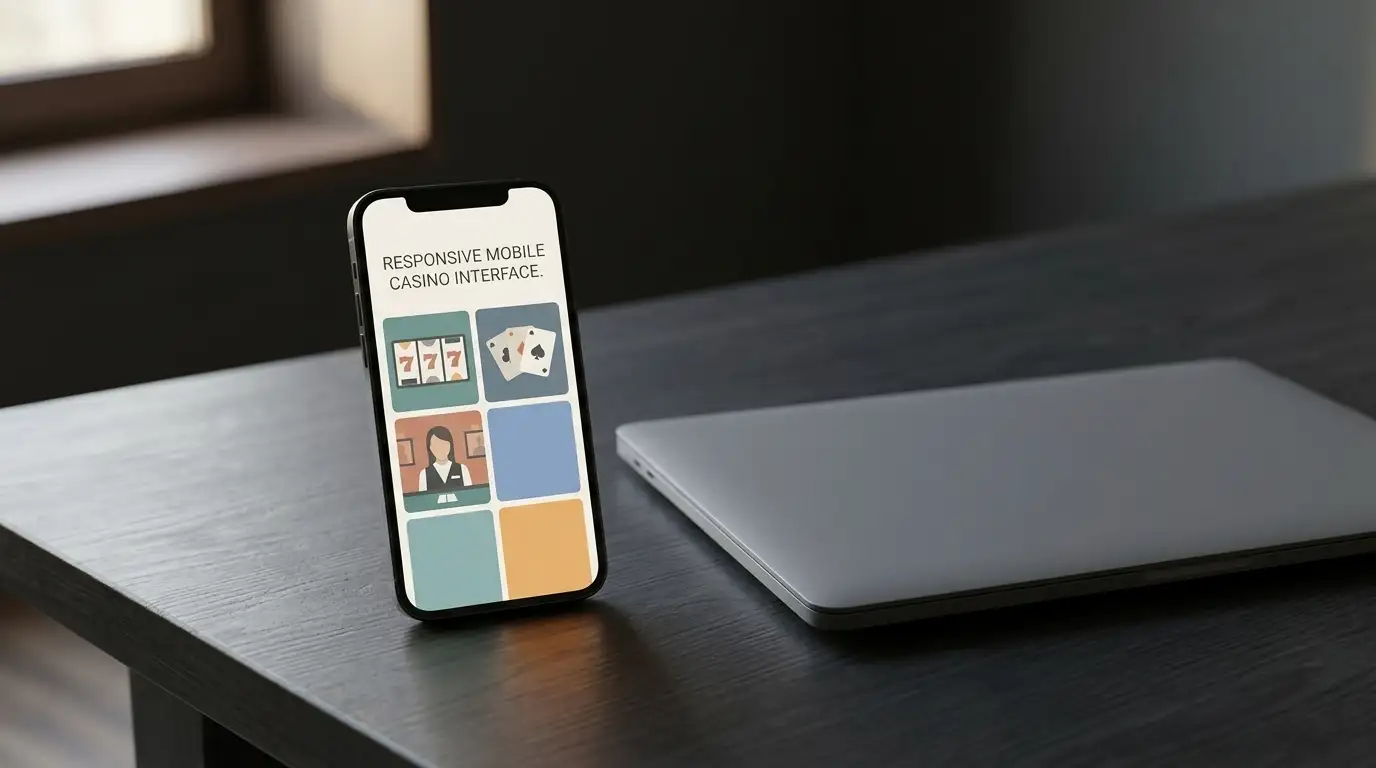 A modern unbranded smartphone showing a grid of abstract game-category tiles beside a closed laptop