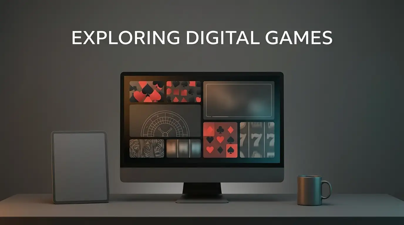 An unbranded dark screen with abstract colourful game tiles beside a plain tablet on a desk